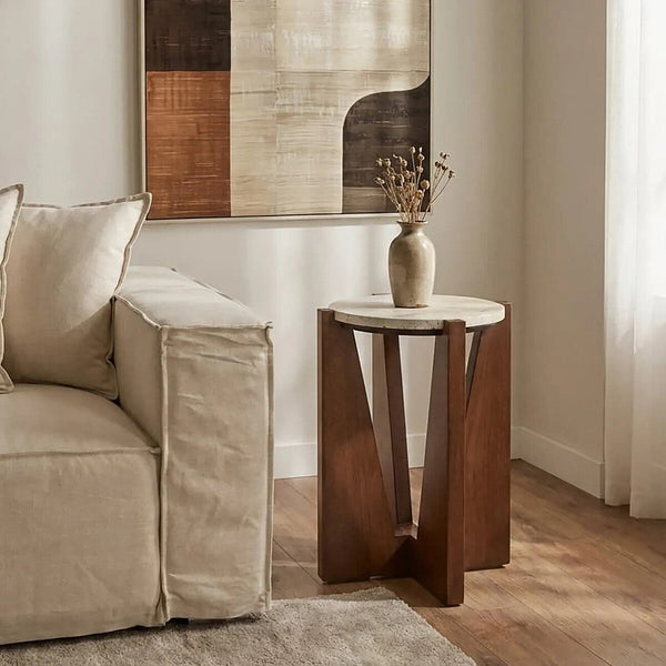 Winton Cream Travertine and Brown Finish Acacia Wood Side Table