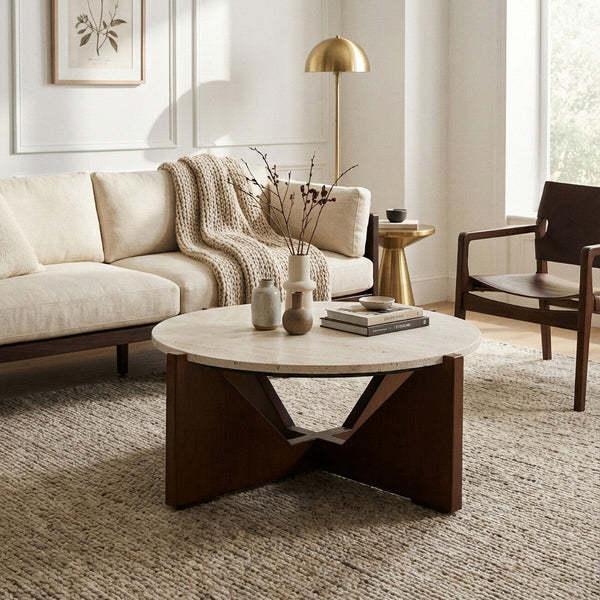 Winton Cream Travertine and Brown Finish Acacia Wood Coffee Table