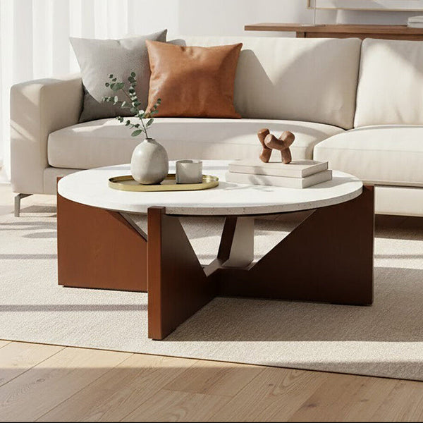 Winton Cream Travertine and Brown Finish Acacia Wood Coffee Table