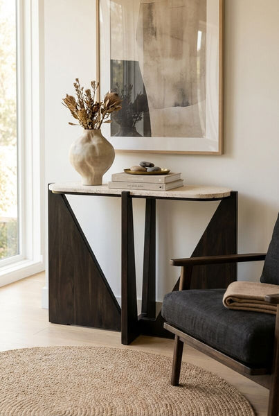 Winton Cream Travertine and Black Finish Acacia Wood Console Table