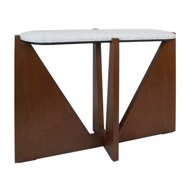 Winton Cream Travertine and Brown Finish Acacia Wood Console Table