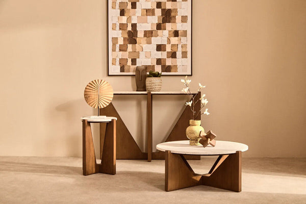 Winton Cream Travertine and Brown Finish Acacia Wood Console Table