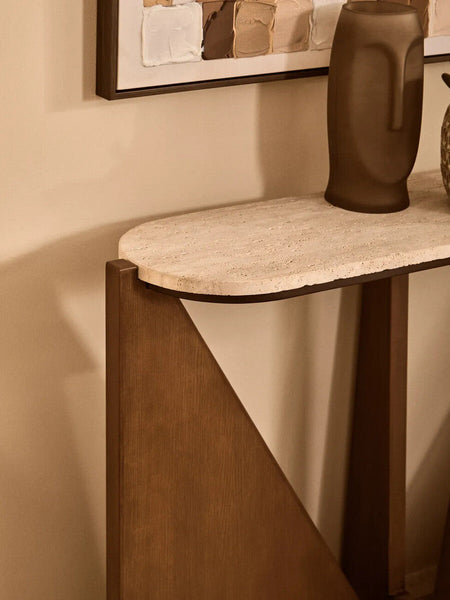 Winton Cream Travertine and Brown Finish Acacia Wood Console Table