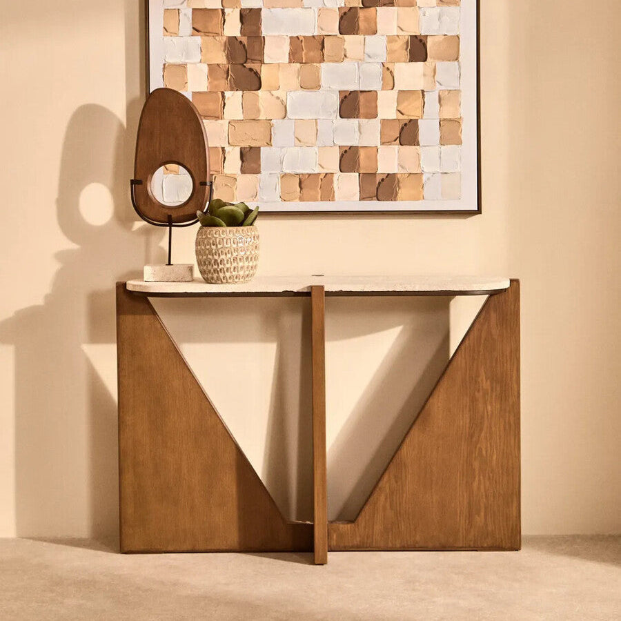 Winton Cream Travertine and Brown Finish Acacia Wood Console Table