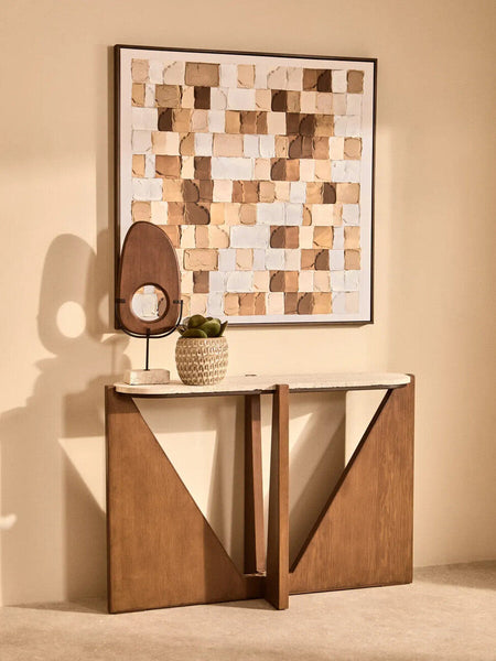 Winton Cream Travertine and Brown Finish Acacia Wood Console Table