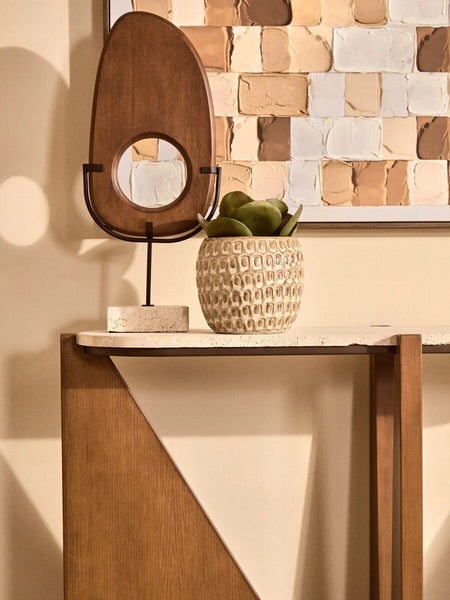 Winton Cream Travertine and Brown Finish Acacia Wood Console Table