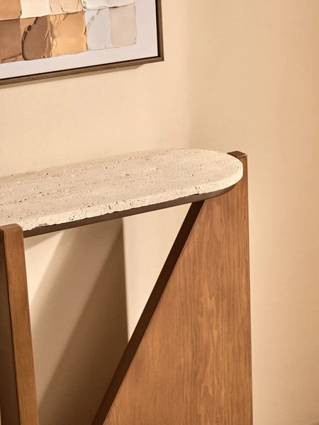 Winton Cream Travertine and Brown Finish Acacia Wood Console Table