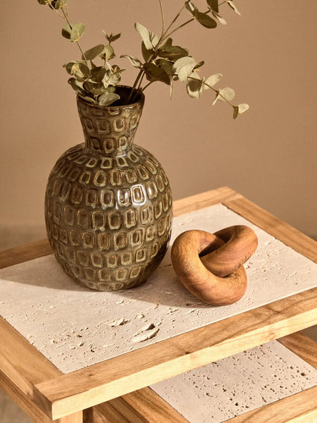 Set of 2 Cream Travertine Top Small Nesting Console Tables with Natural Acacia Wood Frames | Womad