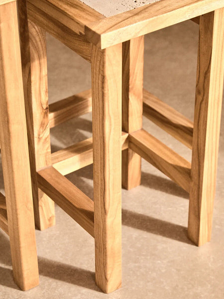 Set of 2 Cream Travertine Top Small Nesting Console Tables with Natural Acacia Wood Frames | Womad