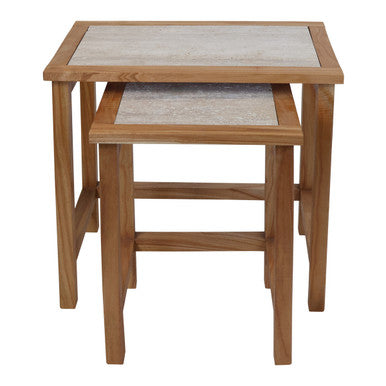 Set of 2 Cream Travertine Top Large Nesting Console Tables with Natural Acacia Wood Frames | Womad