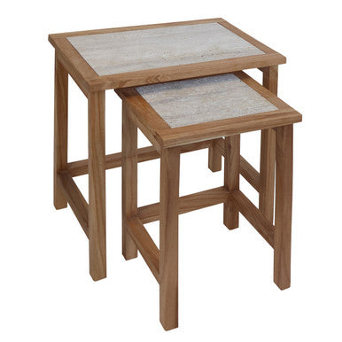 Set of 2 Cream Travertine Top Large Nesting Console Tables with Natural Acacia Wood Frames | Womad