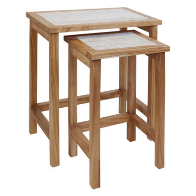 Set of 2 Cream Travertine Top Large Nesting Console Tables with Natural Acacia Wood Frames | Womad