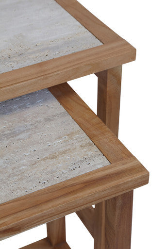Set of 2 Cream Travertine Top Large Nesting Console Tables with Natural Acacia Wood Frames | Womad