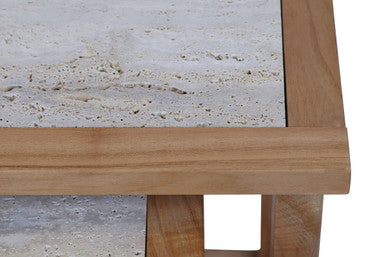 Set of 2 Cream Travertine Top Large Nesting Console Tables with Natural Acacia Wood Frames | Womad