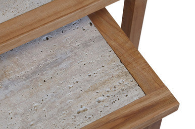 Set of 2 Cream Travertine Top Large Nesting Console Tables with Natural Acacia Wood Frames | Womad