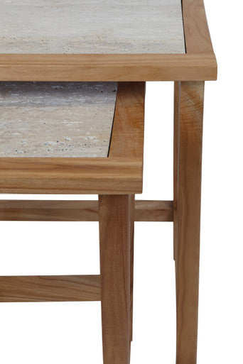 Set of 2 Cream Travertine Top Large Nesting Console Tables with Natural Acacia Wood Frames | Womad