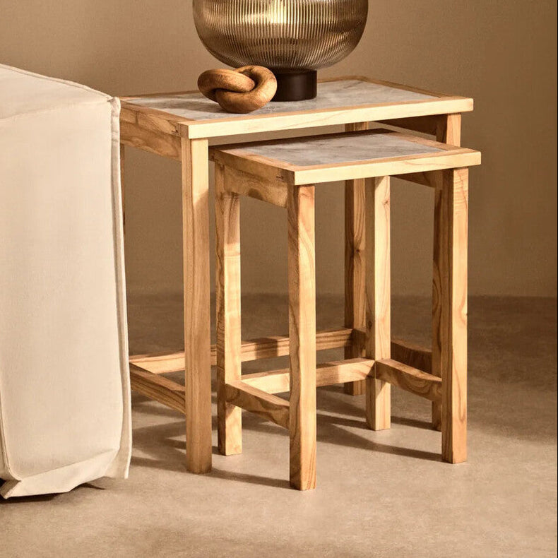 Womad White Marble and Natural Wood Set of 2 Nesting Side Tables