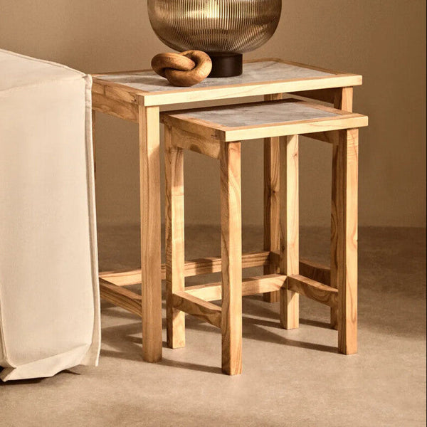 Womad White Marble and Natural Wood Set of 2 Nesting Side Tables