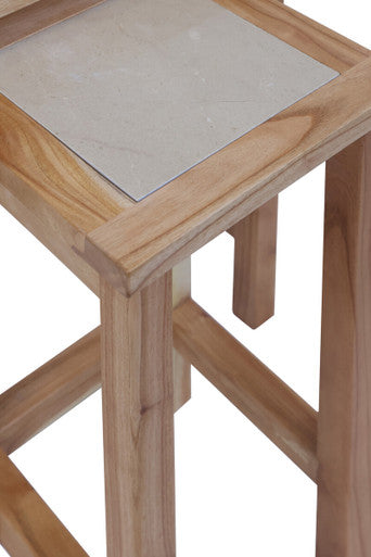 Set of 2 Small Cream Marble Top Nesting Side Tables with Natural Wood Frames | Womad