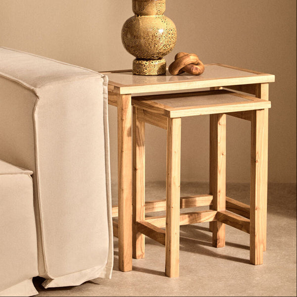 Set of 2 Large Cream Marble Top Nesting Side Tables with Natural Wood Frames | Womad