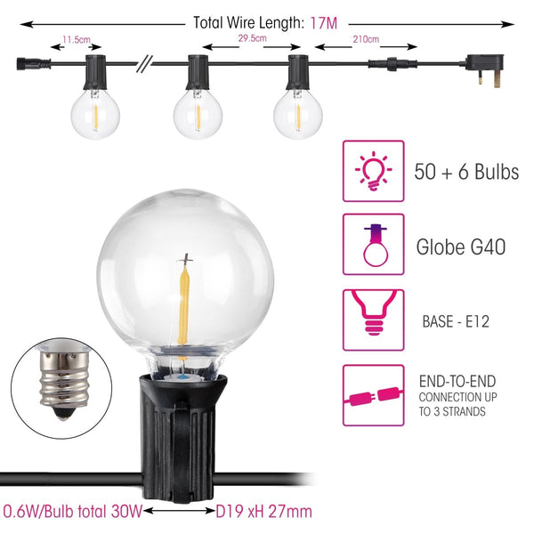 Castor LED Bulb String Globe Golf Ball G40 E12 Weatherproof Festoon Light