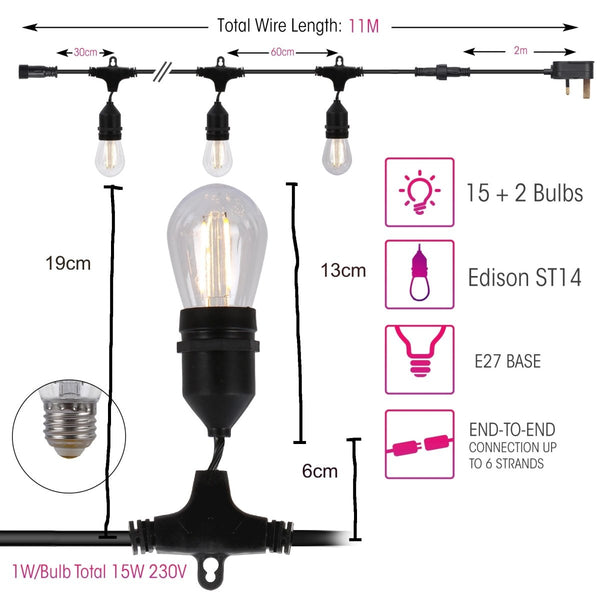 Pollux LED Edison Bulb String Festoon Light ST14 IP65 Waterproof