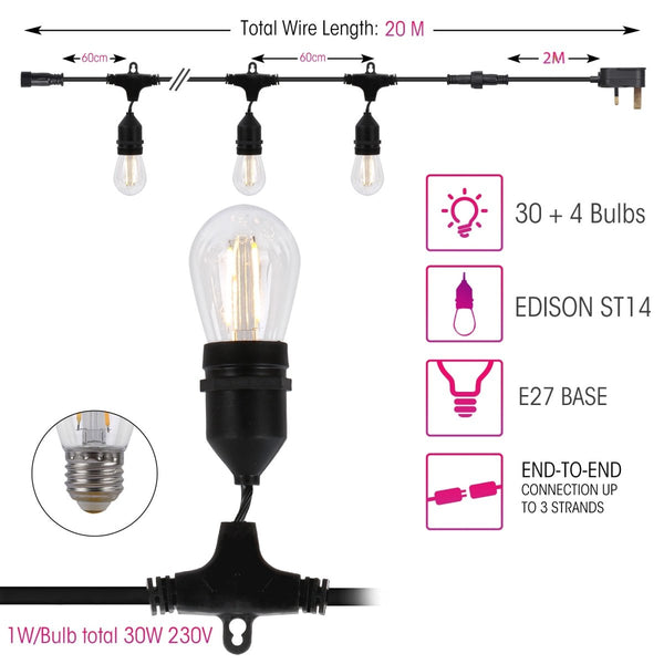 Pollux LED Edison Bulb String Festoon Light ST14 IP65 Waterproof