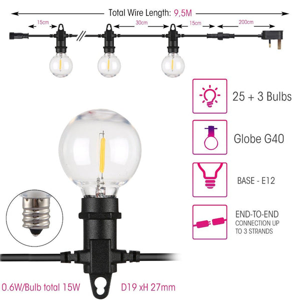 Castor LED Bulb String Globe Golf Ball G40 E12 Weatherproof Festoon Light