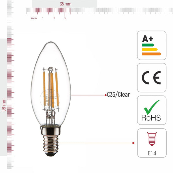 TEKLED
LED Filament C35 Candle Bulb E14 Small Edison Screw 4W - Flame Tip / 2700K Warm White / Pack of 6 or 10.