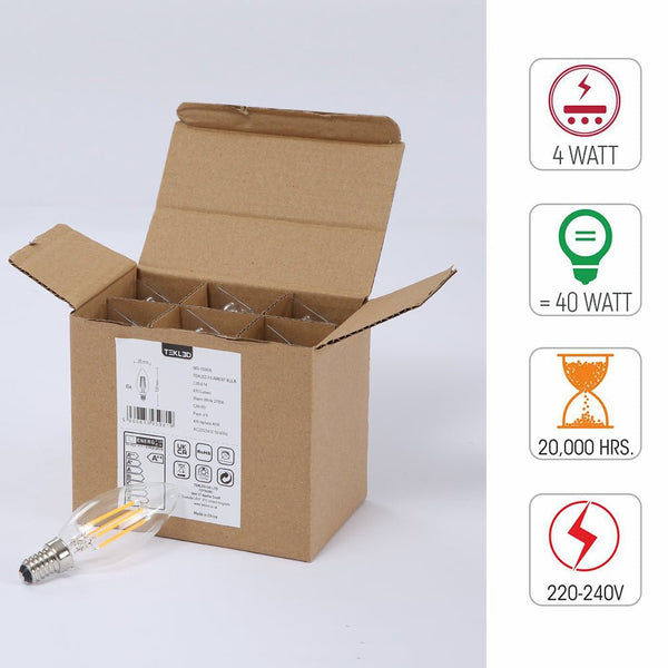 TEKLED
LED Filament C35 Candle Bulb E14 Small Edison Screw 4W - Flame Tip / 2700K Warm White / Pack of 6 or 10.