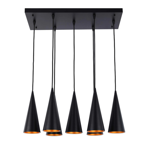 6-Light Cone Pendant Light - E27 Fittings, Rectangular Plate, Dimmable