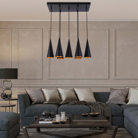 6-Light Cone Pendant Light - E27 Fittings, Rectangular Plate, Dimmable