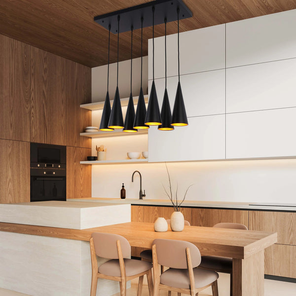 6-Light Cone Pendant Light - E27 Fittings, Rectangular Plate, Dimmable