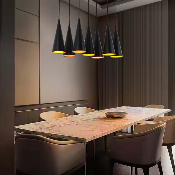 6-Light Cone Pendant Light - E27 Fittings, Rectangular Plate, Dimmable