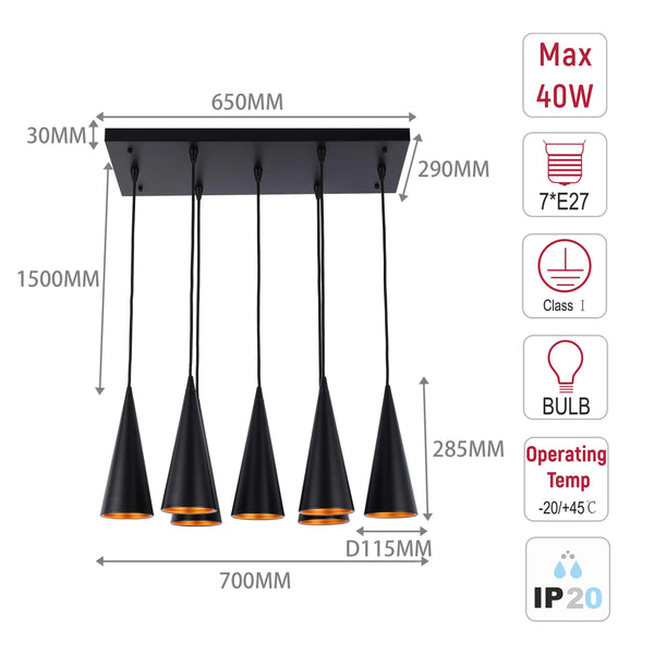 6-Light Cone Pendant Light - E27 Fittings, Rectangular Plate, Dimmable
