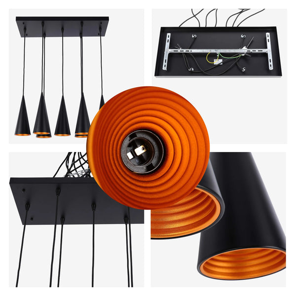 6-Light Cone Pendant Light - E27 Fittings, Rectangular Plate, Dimmable