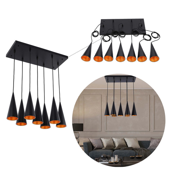 6-Light Cone Pendant Light - E27 Fittings, Rectangular Plate, Dimmable