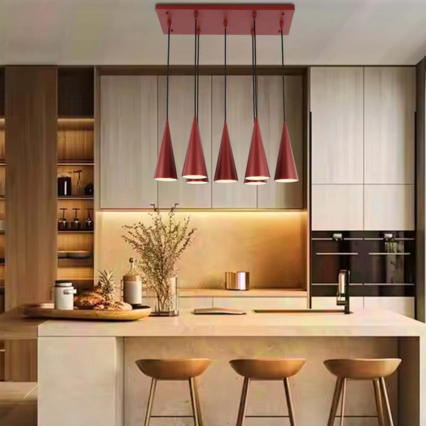 6-Light Cone Pendant Light - E27 Fittings, Rectangular Plate, Dimmable