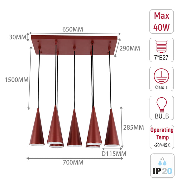 6-Light Cone Pendant Light - E27 Fittings, Rectangular Plate, Dimmable