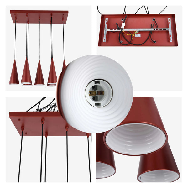 6-Light Cone Pendant Light - E27 Fittings, Rectangular Plate, Dimmable