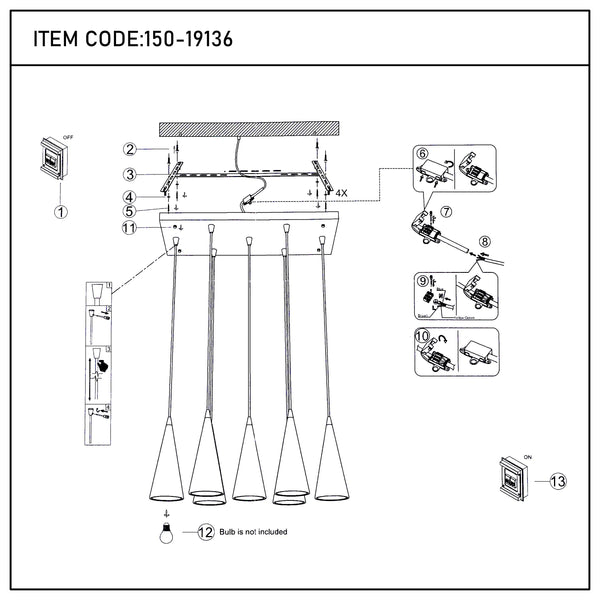 6-Light Cone Pendant Light - E27 Fittings, Rectangular Plate, Dimmable
