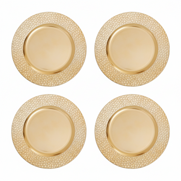Set of Four 33cm Dia Gold Charger Plates with Hammered Rims