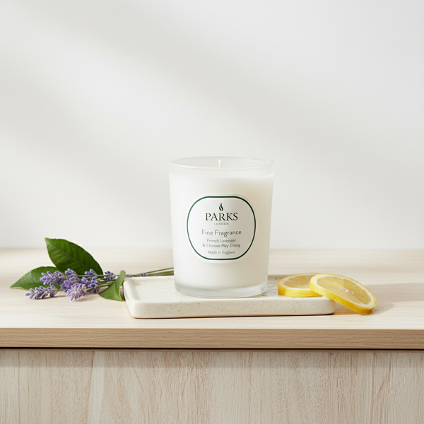 FINE FRAGRANCE 180G CANDLE FRENCH LAVENDER & CHINESE MAY CHANG