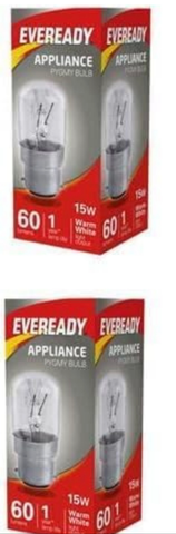 2 x EVEREADY 15W Pygmy Light Bulbs, Bayonet Cap B22 BC B22d 240v, Clear Sewing Machine/Appliance Lamps/Night Light/General Purpose Lightbulbs, Mains 240V Warm White. BAYONET CAP FITTING NOT THE SMALLER SBC FITTING.