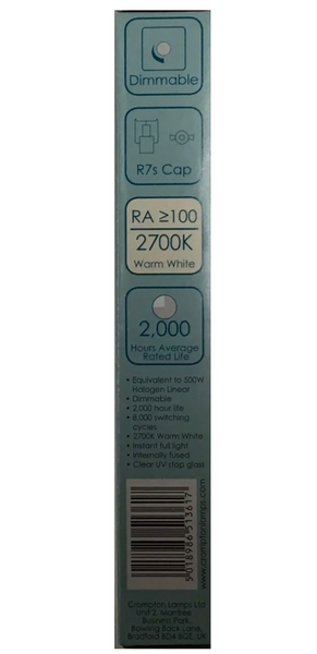 Crompton R7S 400W=500W Brightness 117 / 118mm C Eco Halogen Energy rating warm white and Dimmable Linear 240v Bulb.Ideal for Floodlights.