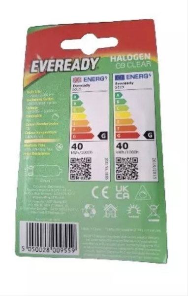 10 x Eveready G9 25W or 40w Halogen Warm White Dimmable Oven Wax Burner Halogen Clear Capsule bulbs