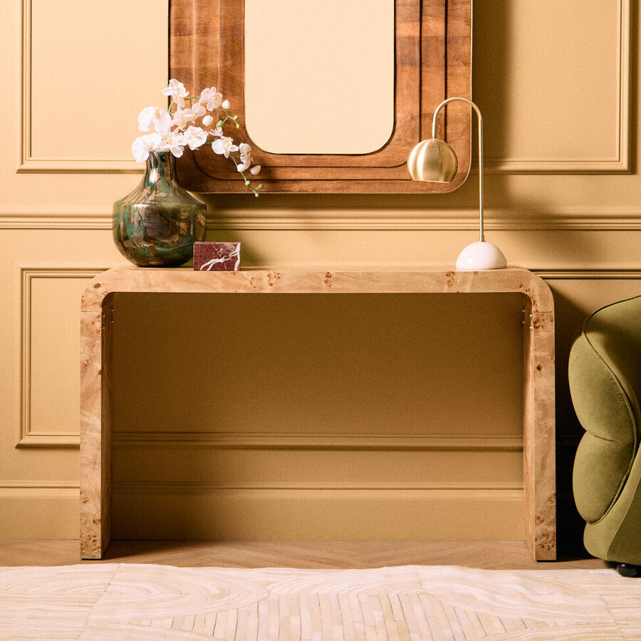 Natural Burl Wood Curved Console Table with Smooth Curved Edges | Mota