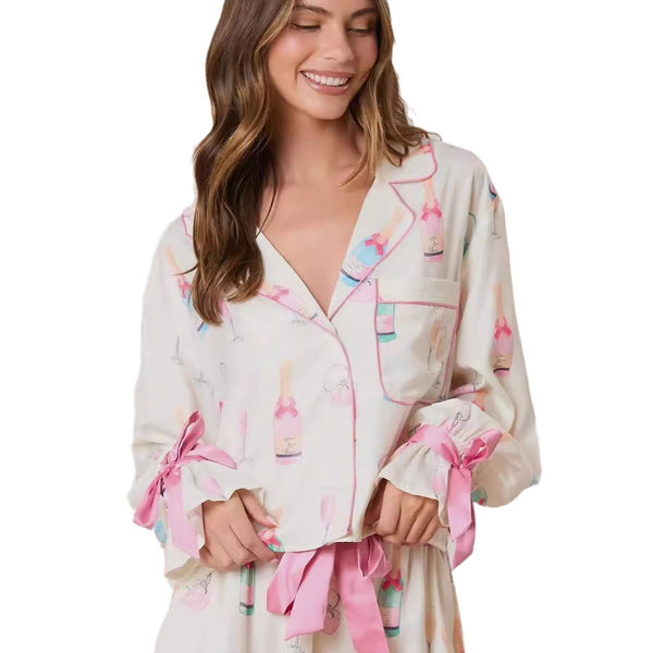 Christmas Bow Long Sleeve Pajamas Shorts Suit