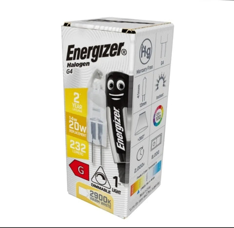 4 x G4 Energizer 14W=20W brightness, warm white dimmable capsule light bulb lamps.