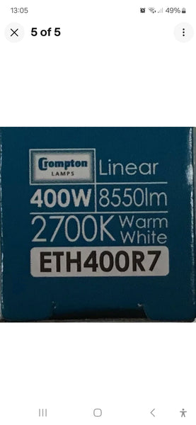 Crompton R7S 400W=500W Brightness 117 / 118mm C Eco Halogen Energy rating warm white and Dimmable Linear 240v Bulb.Ideal for Floodlights.